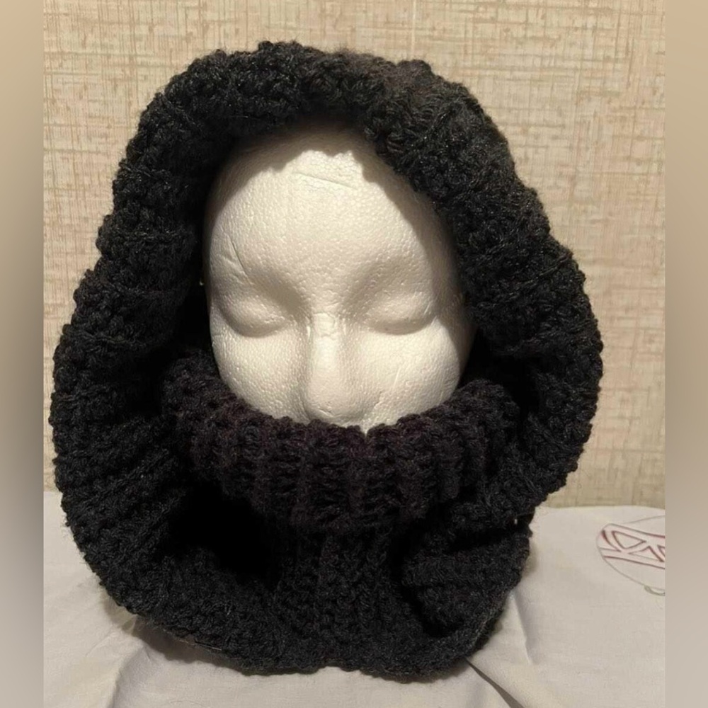 Cozy Black Knit Hooded Scarf